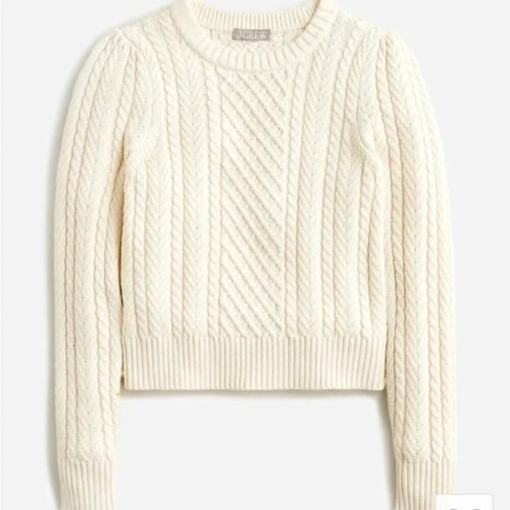 J. Crew cable-knit puff-sleeve crewneck sweater ivory cropped cotton fisherman